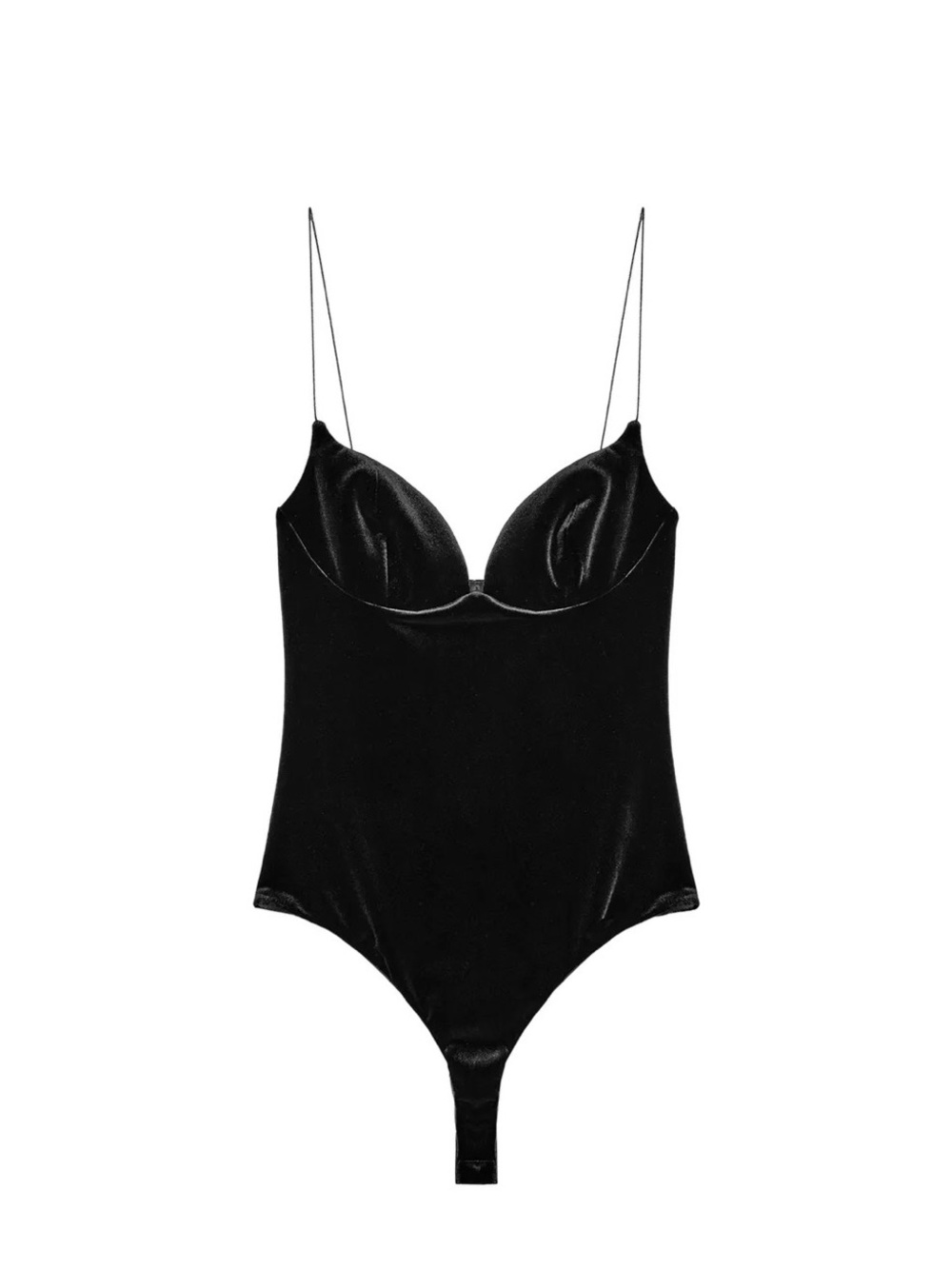 Zara Black Velvet Spaghetti-Strap Bodysuit with Sculpted Cups